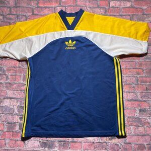 VINTAGE Adidas Jersey Yellow Blue Trefoil Shirt Soccer Futbol 90s Silver Tag L